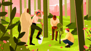 Dessin dans les tons verts et bordeaux d'adultes travaillant la terre, entourés d'arbres