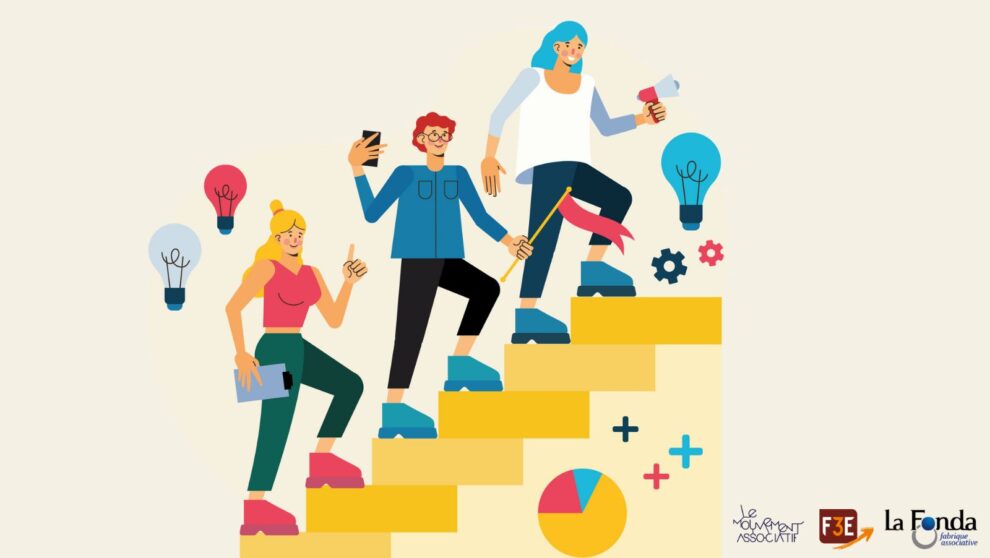 Illustration colorée de personnes montant un escalier