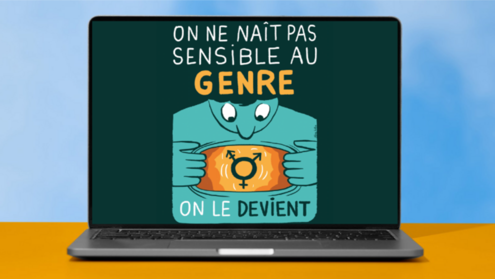 Un écran d'ordinateur montre un design "On ne nait pas sensible au genre, on le devient"