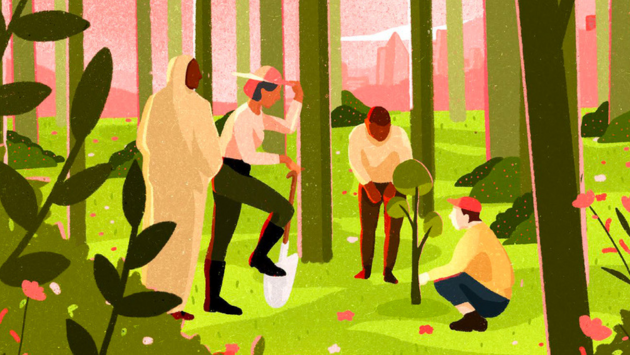 Illustrations de personnes dans une forêt