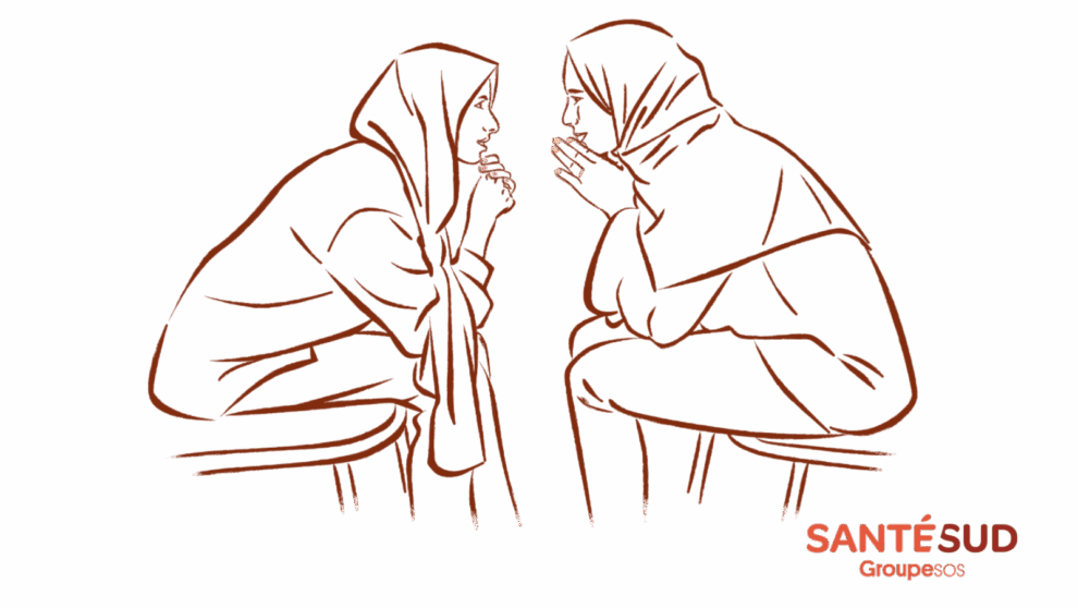 Illustration montrant deux femmes, assises face à face, les coudes sur les genoux, se regardant en souriant