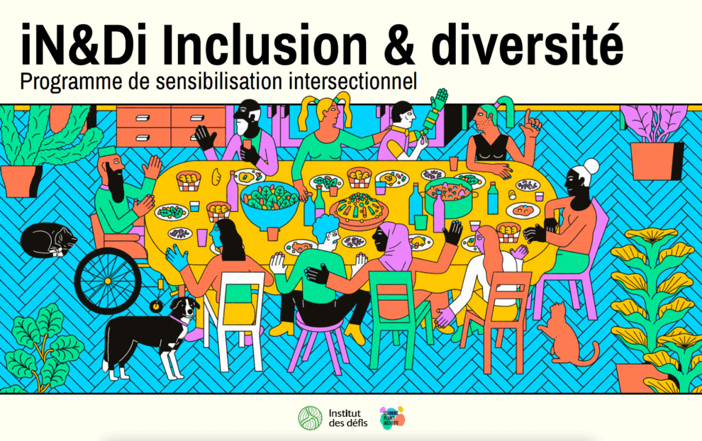Illustration colorée montrant des personnes diverses à table et le titre "iN&Di Inclusion & Diversité"