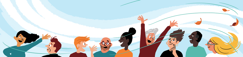 Illustration d'un groupe de personnes diverses parlant et célébrant ensemble, du vent faisant tourbillonner leurs cheveux