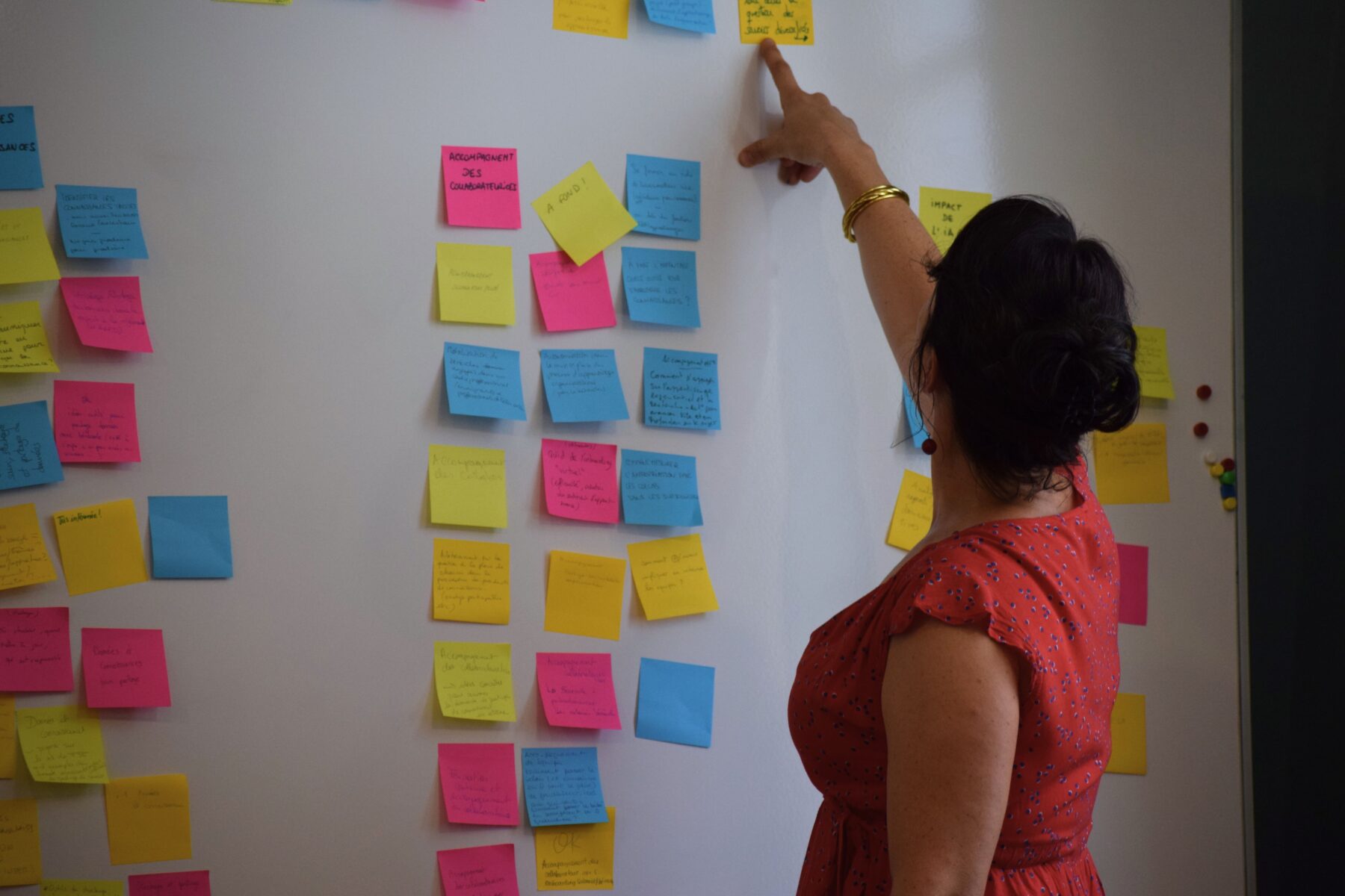 Une adulte de dos devant un tableau blanc couvert de post-its colorés