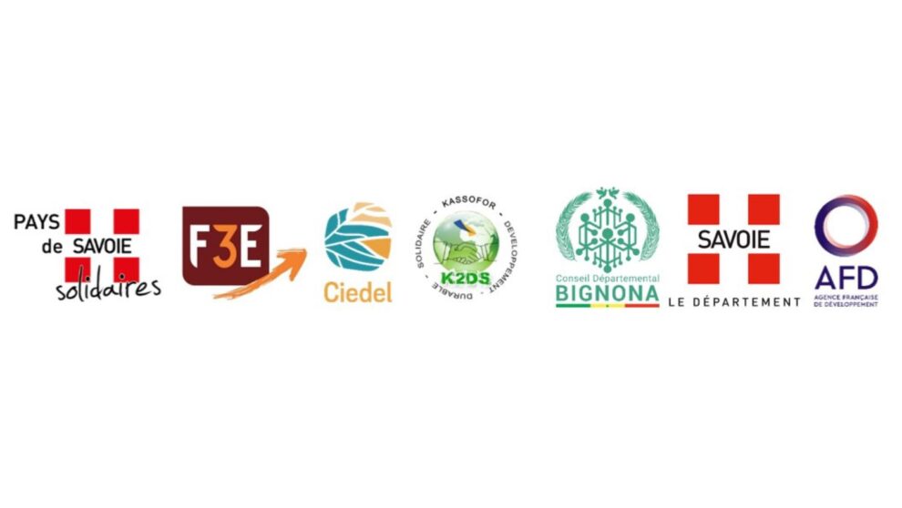 Logos de Pays de Savoie solidaire, F3E, Ciedel, K2DS, Bignona, le département de la Savoie et de l'AFD