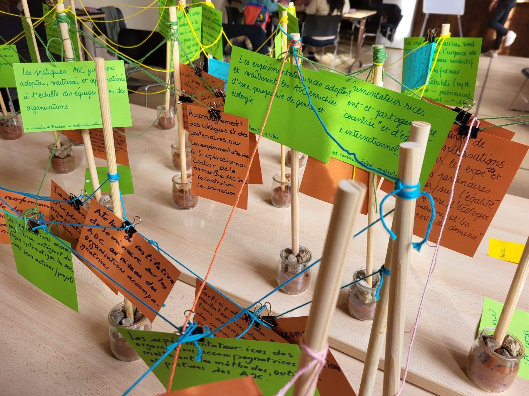 Gros plan sur des post-its verts avec des textes écrits