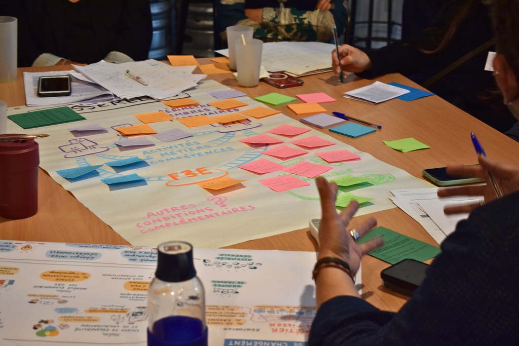 Gros plan de paperboards et post-its répartis sur une table