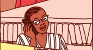 Illustration d'un buste de femme avec des lunettes et nattes collées parlant au téléphone