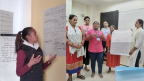 2 photos côte à côte. A gauche une jeune femme malgache devant un paper board, à droite un groupe de femmes indiennes